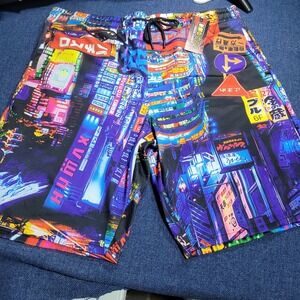 Fresh Prints Tokyo Neon City Print Shorts XL EG TG Poly Spandex Drawstring Waist